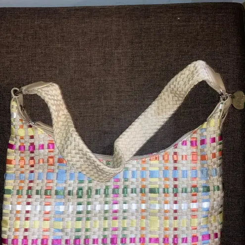 The Sak Tan, Green, Pink, White, Orange, Blue Striped Woven Ribbon Purse
