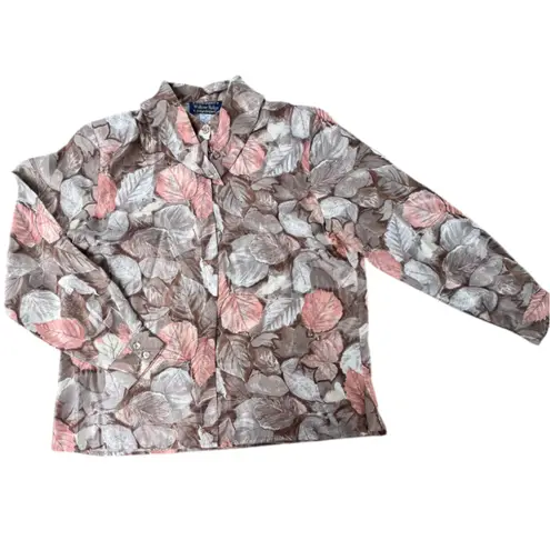 Vintage 90s Willow Ridge 100% Silk Leaf Print Button Up Women's Size Large Tan