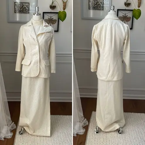 Vintage 70s Off White Cream Maxi Dress Point Collar Blazer Floral Jaquard Size M