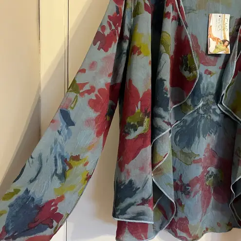 Blue Floral Open Blazer Ruffle Edges Casual Formal Top Jacket, Size L Size L