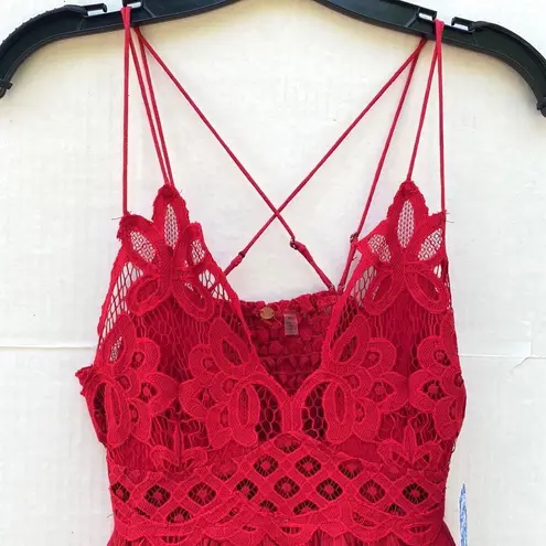 Free People NWT  Womens large cherry red Adella lace cross strap Cami tank top