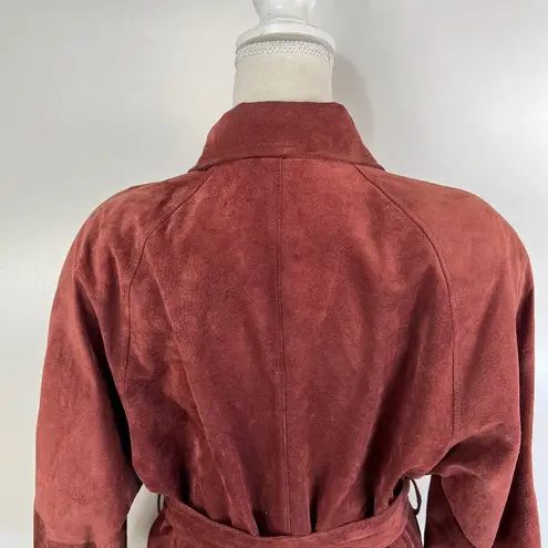 Henri Bendel Vintage Suede Coat Red Leather Belted Double Breasted Cherry