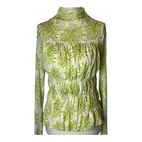 Rebecca Taylor Shirt Women Small Green Ivory Floral Mock Neck Quilted Look Top