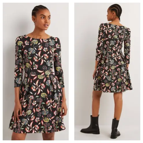 Boden Blossom Pome Fit and Flare Jersey Dress Floral Black Size 12 Preppy Boho
