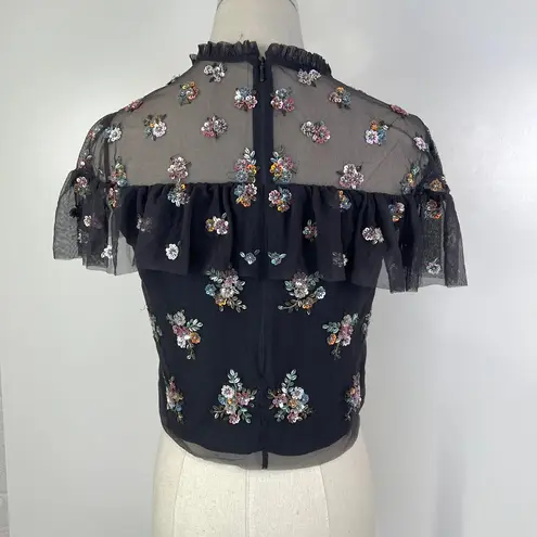 Needle & Thread Embellished Tulle Mesh Crop Top Black Flutter Sleeve