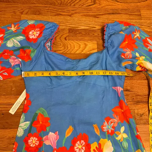 Farm Rio  Women’s XS Linen Blend Printed Mini Dress Blue Red Flower Puff Sleeve