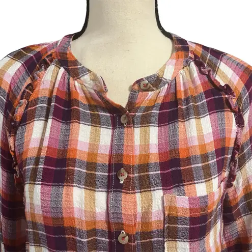 Pilcro Pilco | Women's Plaid Ruffle Oversized Festival Button Down Tunic Top Sz S