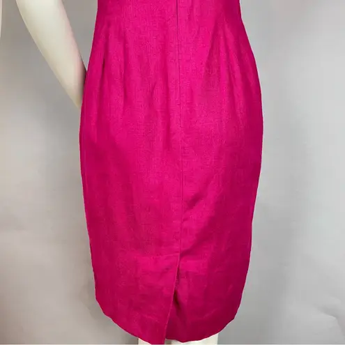 Vintage Linen Dress 1980s Hot Pink Fuchsia Square Neckline Shoulder Pads Petite Size 8P