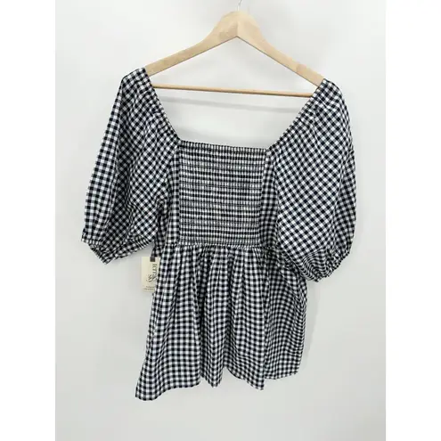 Time & Tru Top Women 0X NWT Navy Blue White Gingham Short Sleeve Sweetheart Black