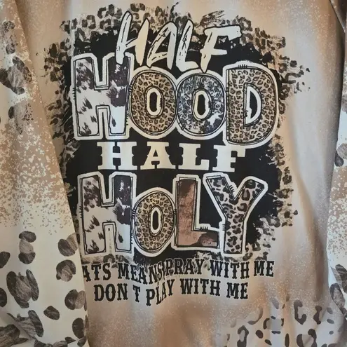 Half Hood Half Holy Crewneck Sweater Graphic Sweatshirt Leopard Print Size XL Brown - Image 2