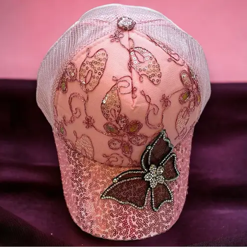 Butterfly Beaded Retro Floral Sequined Rhinestone Y2K Statement Trucker Hat Pink