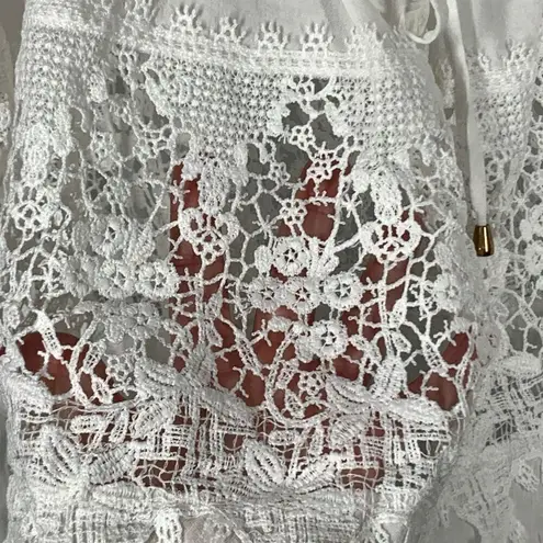 Fashion On Earth Women's Balloon Sleeve Lace Detail Swim Cover Up White Medium