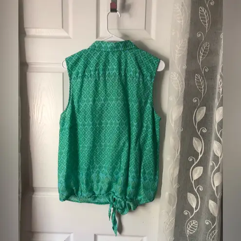 J. JILL Green Geometric Button Up bottom Tie Sleeveless Top women size L cotton Size L