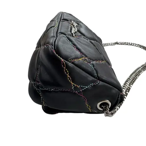 Betsey Johnson  Quilted Bag Rhinestone Lips Rainbow Stitching on Black