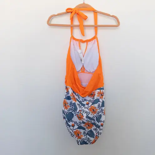 B2Prity Womens Swimsuit Size M Orange Blue Floral Halter One Piece Retro Summer Size M