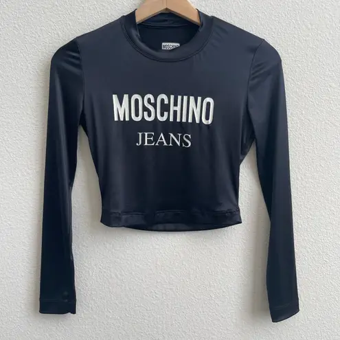 Moschino JEANS Vintage 90s Black White Edgy Fitted Long Sleeve Graphic Crop Top