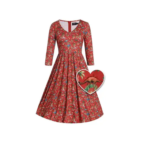 Dolly and Dotty Unique Vintage Red Billie Dinosaur Volcano Flared Midi Dress 10 Orange