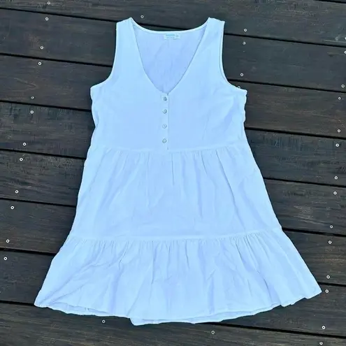White Linen Mini Dress Babydoll Dress w/ Button