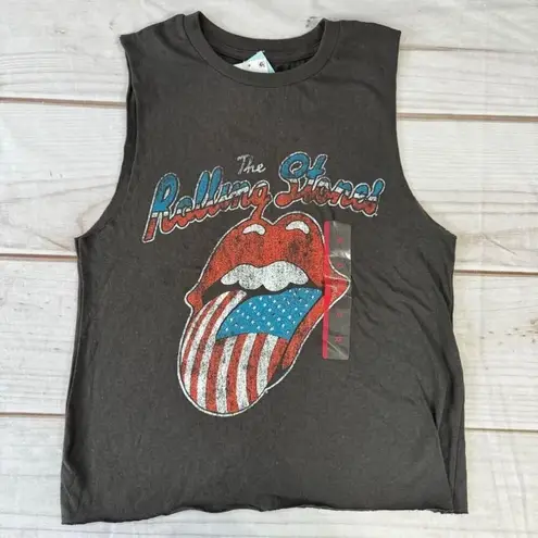 Epic Rolling Stones Faded Black Vintage Look Thrashed Patriotic Logo Cut Off Tee Size XS