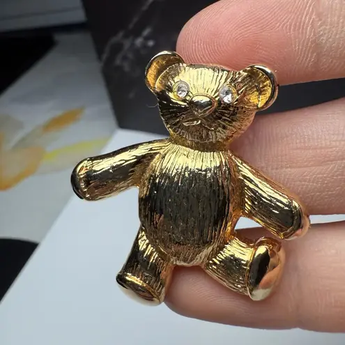 Teddy Bear Rhinestone Brooch Pin Gold Tone Signed Aai