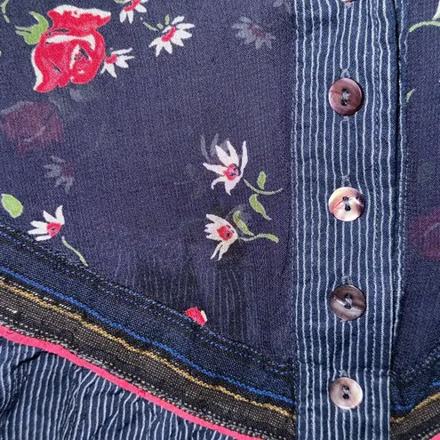 Free People  Women's Blouse Hearts And Colors Striped Navy And Floral Size S EUC