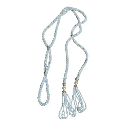 VTG Faux Pearl Beaded White Gold Rainbow Thread Tassel Strand Belt Sash Elegant - Image 9