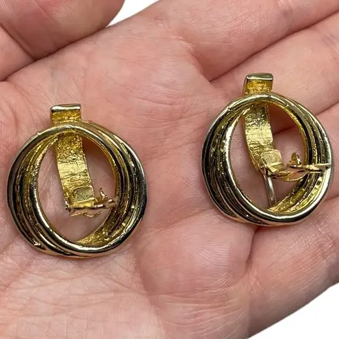 Vintage Unsigned Gold Tone Round Clip On Earrings Statement Classic Modernist