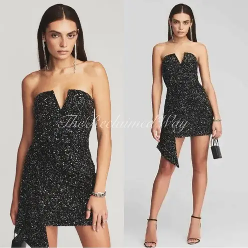 Retrofête Retrofete Omer Sequin Mini Dress Strapless Asymmetrical Gunmetal Black V-Neck