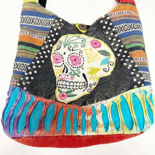 Boho Sugar Skull Shoulder Bag Patchwork Hippie Festival Purse Hobo Crossbody White