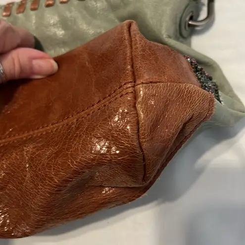 The Sak Brown & Green Shoulder Bag beaded details & scarf wrapped handle EUC