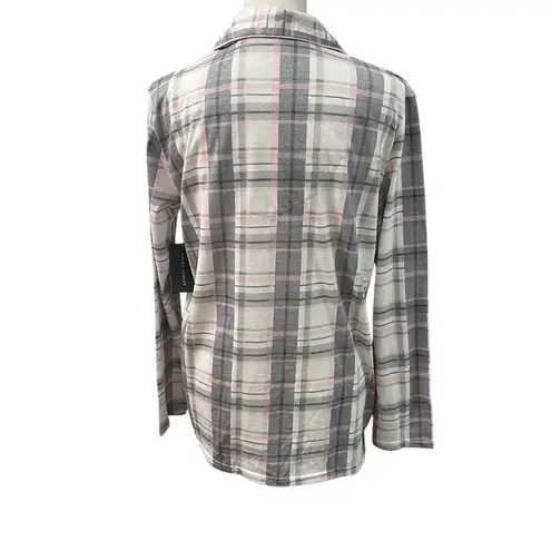 Laura Ashley NWT Grey Pink White Plaid Flannel Collared Long Sleeve Pajama Top S