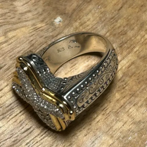 Konstantino 925 Sterling Silver & 18K Gold Diamond Pave Cross Ring RARE