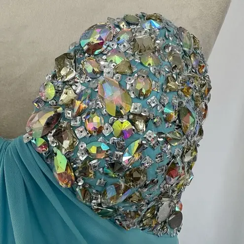 Aqua Blue Dress Size 2 Beaded Evening Party Cocktail Prom Bedazzled Rhinestoneā