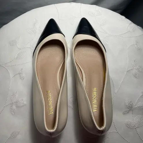 Youngshow Women’s Shoes Kitten Heel Pumps Pointed Toe Crocodile Ivory Black 8.5