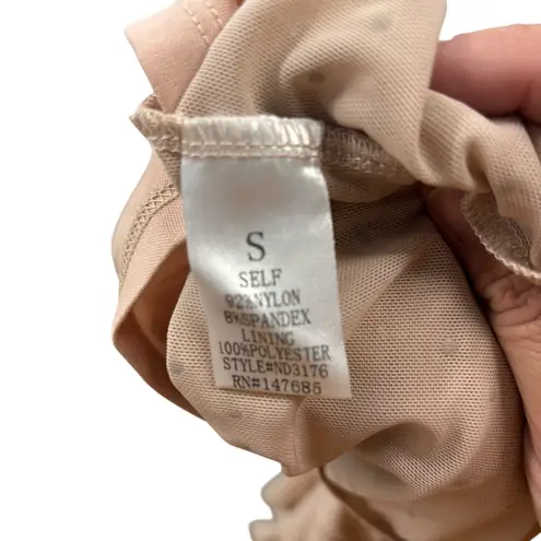 Nude Rhinestone Long Sleeve Small Mesh Mini Dress Bodycon Party Homecoming Tan