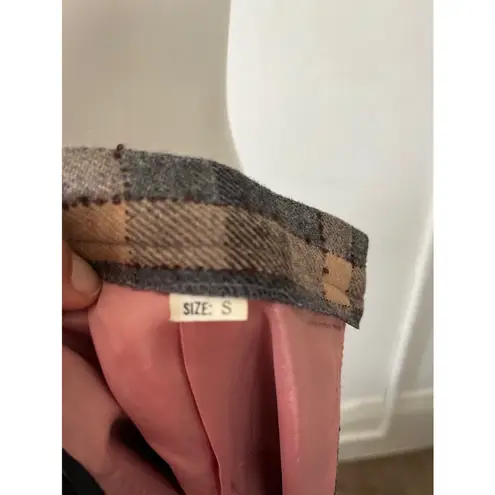 Vintage 80s beige green ruffled wool rustic plaid checkered skirt suit w/scarf S Tan Size M