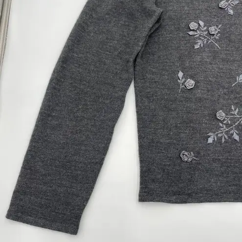 Nina Leonard Vintage 90s Sweater Ribbon Embroidery Roses Floral Gray Acrylic Wool Women Large