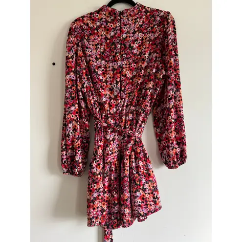 AX Paris Women’s Floral Long Sleeve Mini Dress Size 14 Red Pink Ruffle Hem