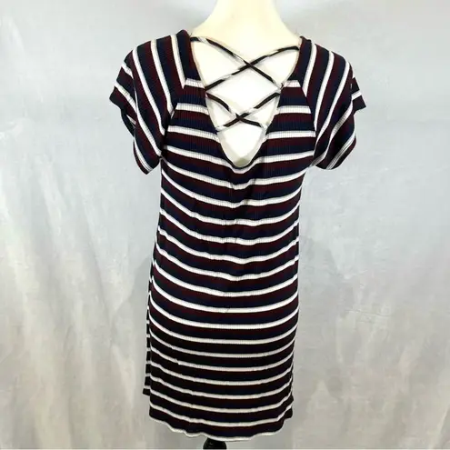 Dee Elle Navy burgundy gray and white ribbed knit cross back swing dress size medium