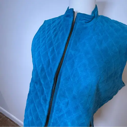 Revue Quilted Blue Suede Vest Pockets Front Zipper 100% Leather Women’s Size 10