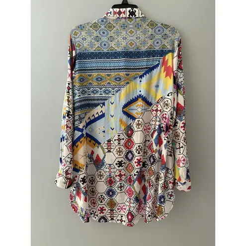 Calessa Top Size 1X Multicolor Aztec Button Front Southwestern Abstract Roll Tab Blue