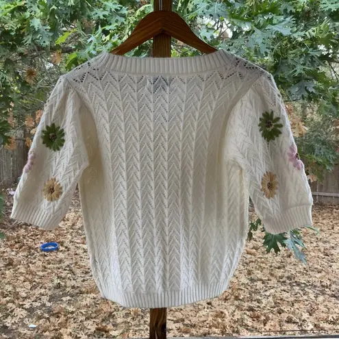 FRNCH Women's White Floral Embroidered Short Sleeve Emilie Cardigan Size S. NEW