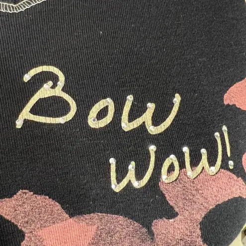 Jess & Jane Womens Bow Wow Dog Theme TShirt Top Long Sleeve Rhinestone Black Lrg Size L