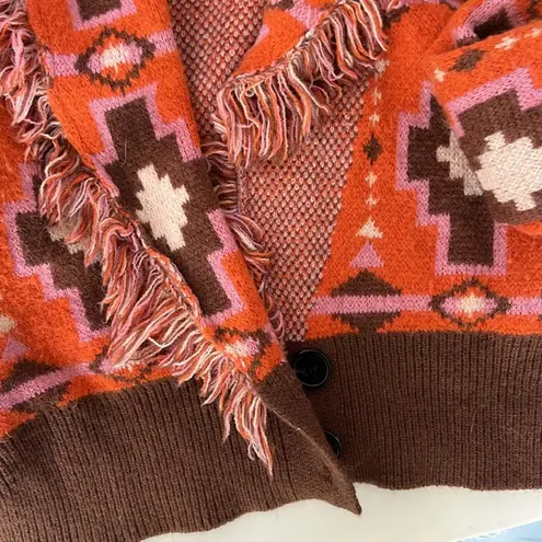 Cider Boho Chunky Orange and Brown Oversized Sweater Button Down Fringe S