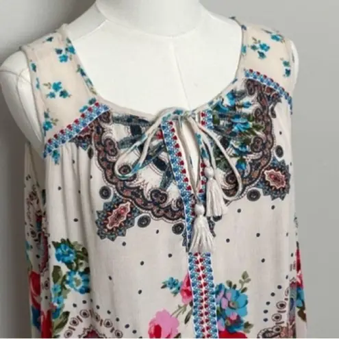 Bila Top Floral Ruffle Embroidered Boho Bohemian Western Coastal Red Blue Cream Size XL