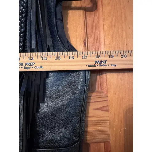 VTG FMC Black Leather Fringe Braided Lace Up Vest M Motorcycle Biker Western Size M