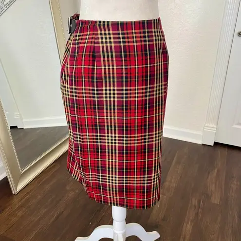 Kathy Ireland VTG Red Burgundy Gingham Plaid Scottish Kilt Wrap Midi Skirt 8 / M