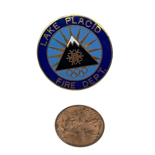 Vintage Lake Placid Fire Department Olympic Winter Games Enamel Pin Badge A536 Blue