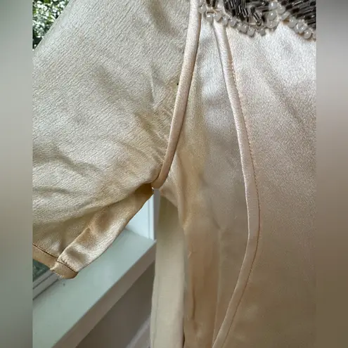 Antique 20s 30s Ivory Silk Bugle Bead Pearl Beaded Flapper Drop Waist Dress XS S White