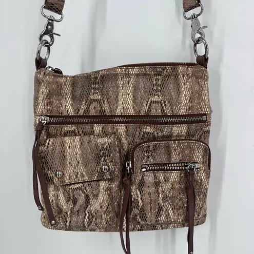 Chez Women's Fine Leather Snakeskin Embossed Crossbody Bag Brown Beige One Size
